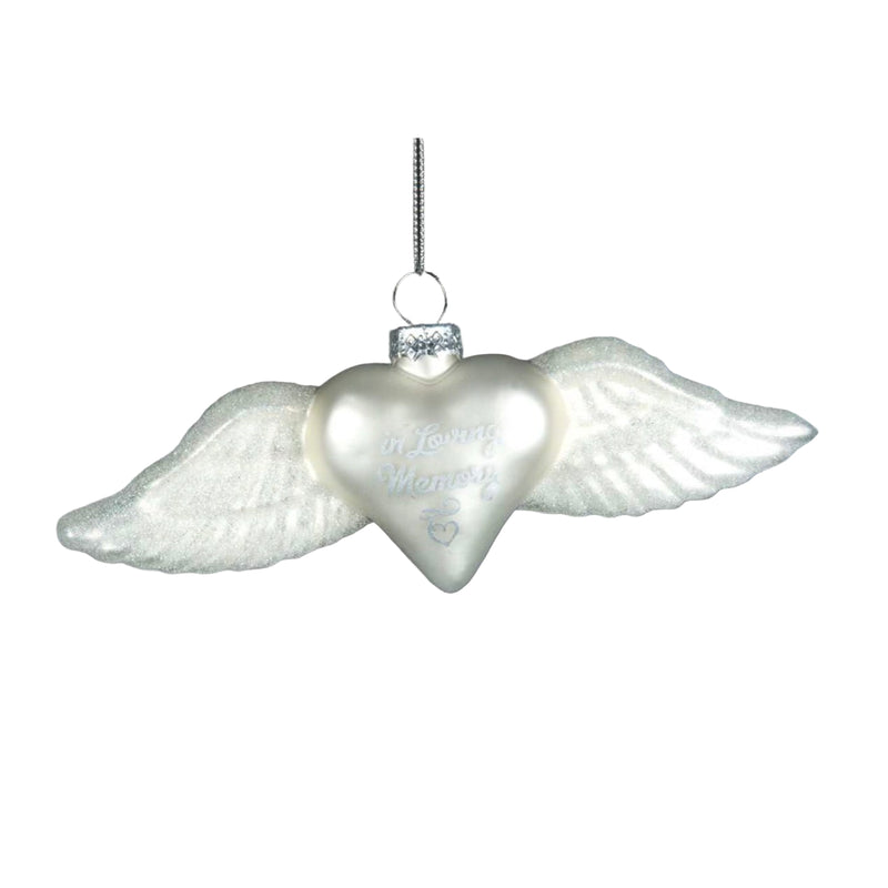 "In loving Memory" White Heatr with Wings Glass Ornament