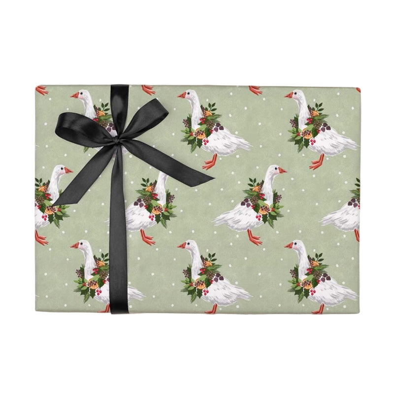 Sage Green Ttraditional Geese Christmas Wrapping Paper Sheet - Small