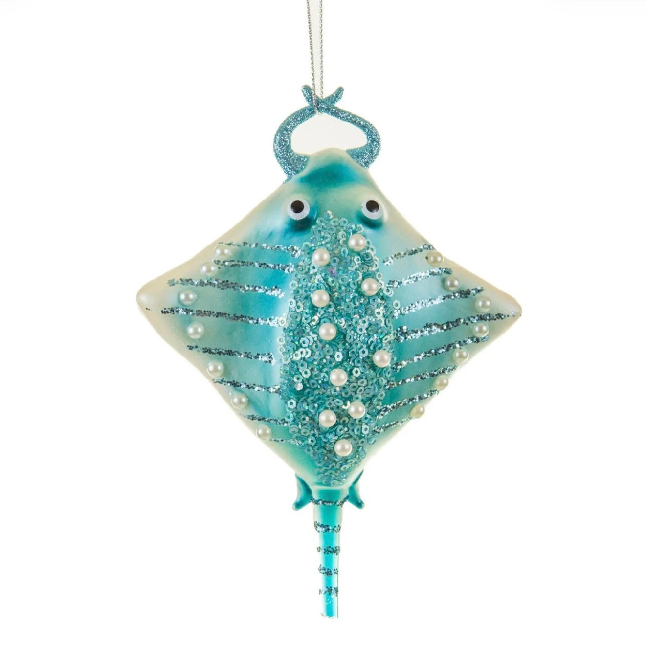 Aqua Stingray Ornament with Pearls and Sequins