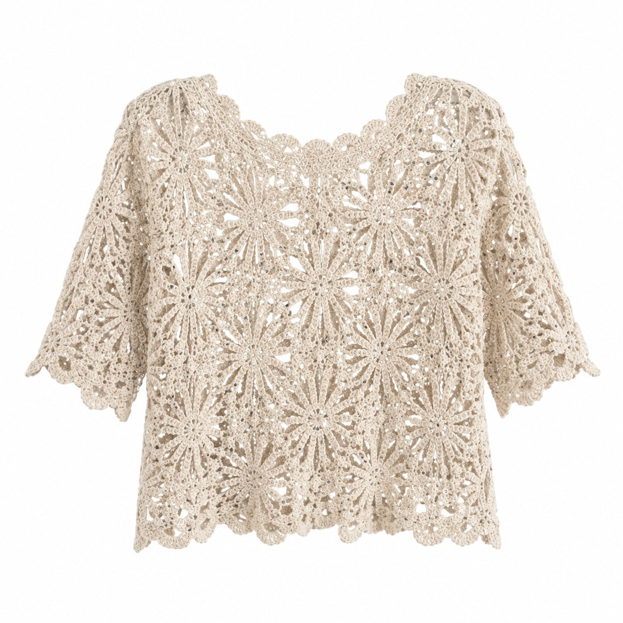 Sequin Crochet Short Sleeve Top - Natural | Putti Fine Fashions