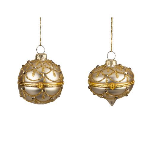 Hinged Glass Keepsake Ornaments Matte Gold with Glitter and Bead Finish