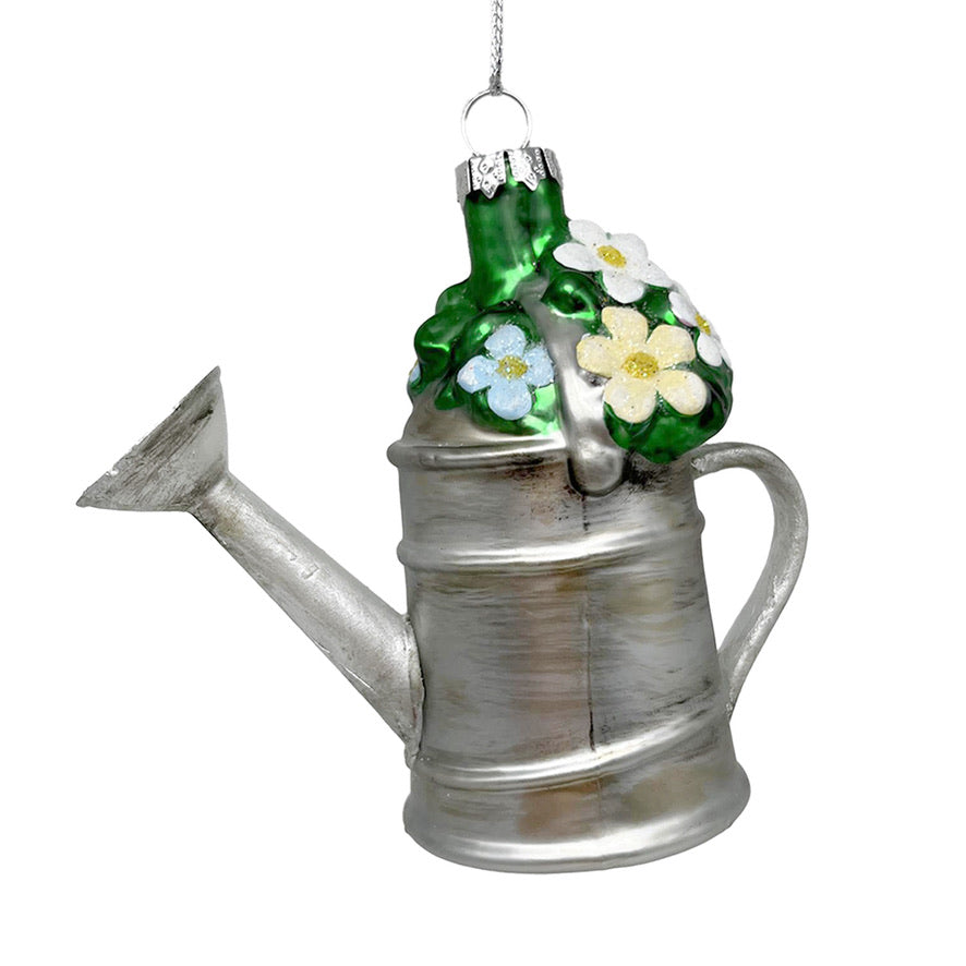 Silver Watering Can with Flowers Glass Ornament | Putti Christmas Decorations