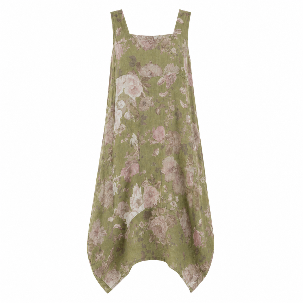 Sleeveless Linen Dress - Olive Floral - Putti Fine Fashions