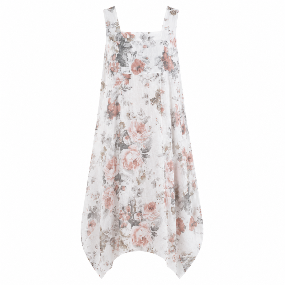 Sleeveless Linen Dress - White Floral | Putti Fine Fashions