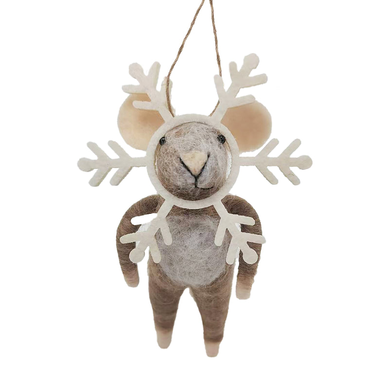 "Snowflake Sue" Brown Felt Mouse Ornament | Putti Christmas Decorations