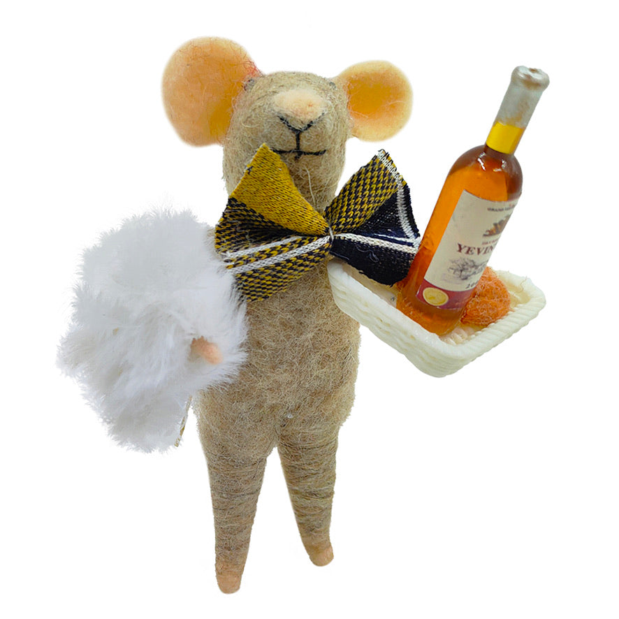 Brown Mouse with Wine Bottle Felt Ornament | Putti Christmas Decorations