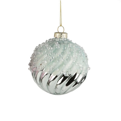Swirl Molded Glass Ball Ornament with Frosted Beads Top - Light Blue | Putti