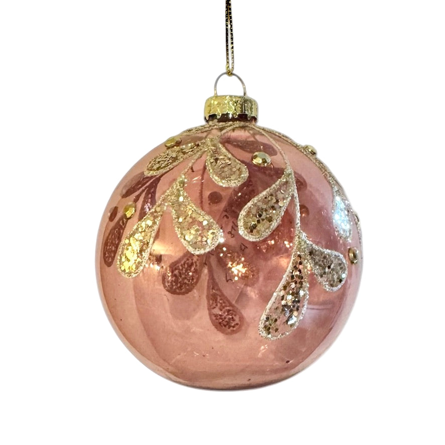 Transluscent Blush with Glitter Leaves Glass Ball Ornament | Putti Christmas