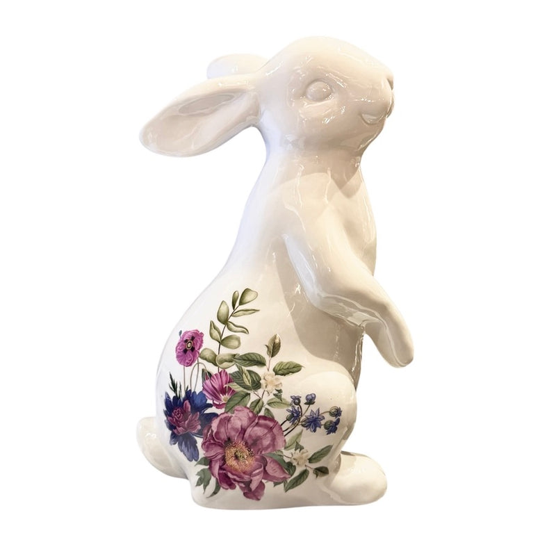 White Ceramic Bunny With Floral Pattern - Large