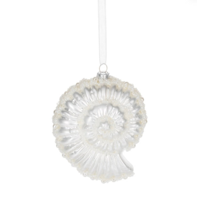 White Jeweled Sea Shell Ornament - Nautalis | Putti Christmas