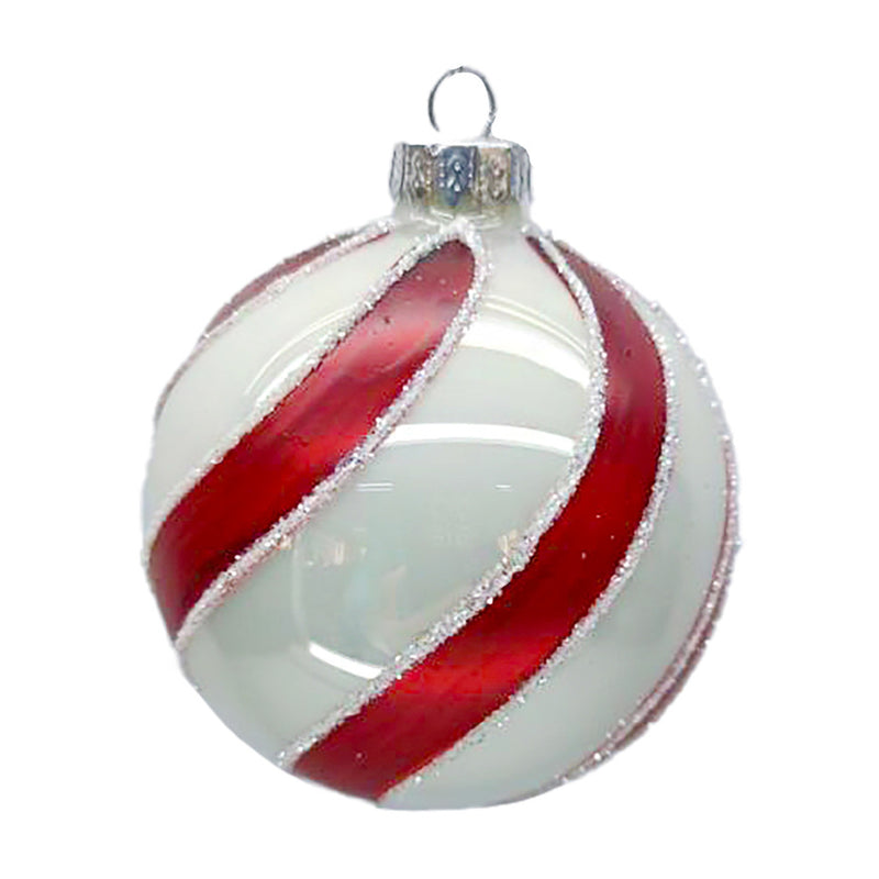 White with Red Shiny Swirl Glass Ball ornament | Putti Christmas Decorations