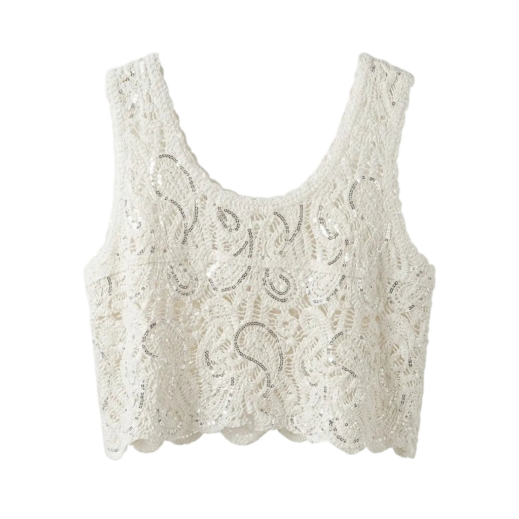 White with Silver Sequin Crochet Tank Top | Putti Fine Fashions