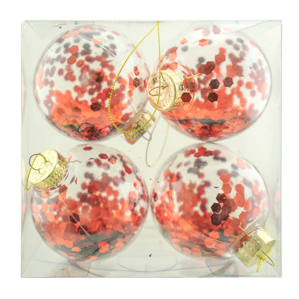 Clear With Red Sequins Glass Ball Ornament - Box Set 4