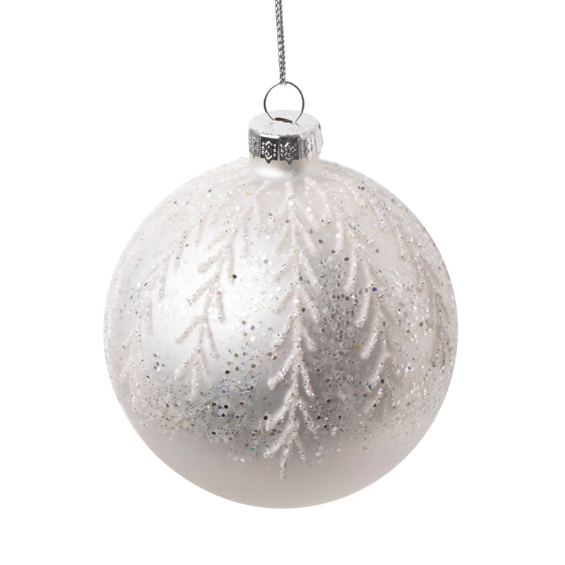 Silver Frost with White Leaves Glass Ball Ornament | Putti Christmas
