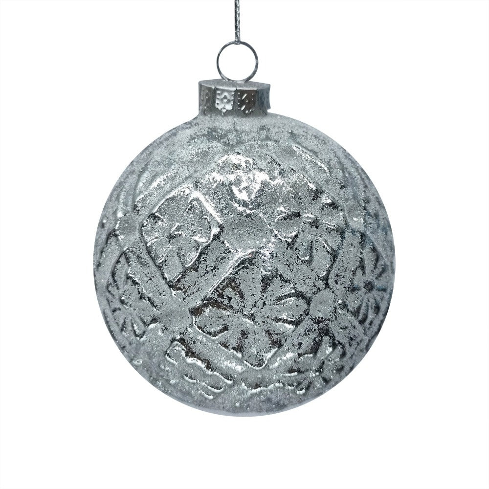 Silver Floral Embossed Glass Ball Ornament