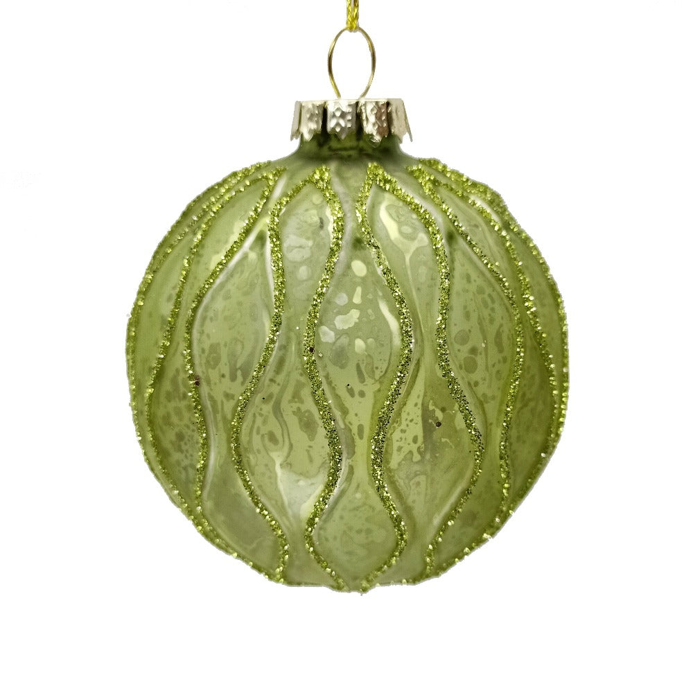 Green with Wavy Bands Glass Ball Ornament | Putti Christmas Decorations