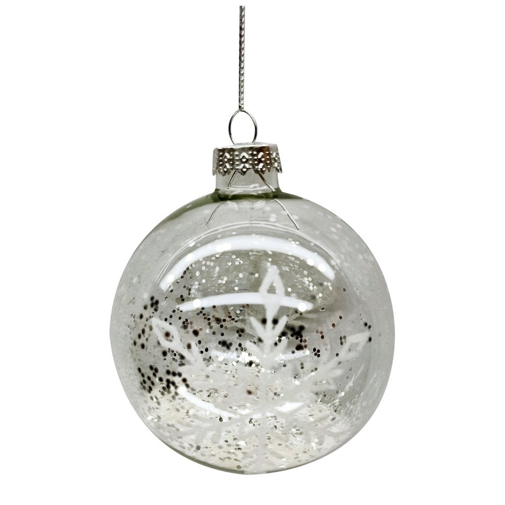 Clear with White Snowflake Glass Ball Ornament