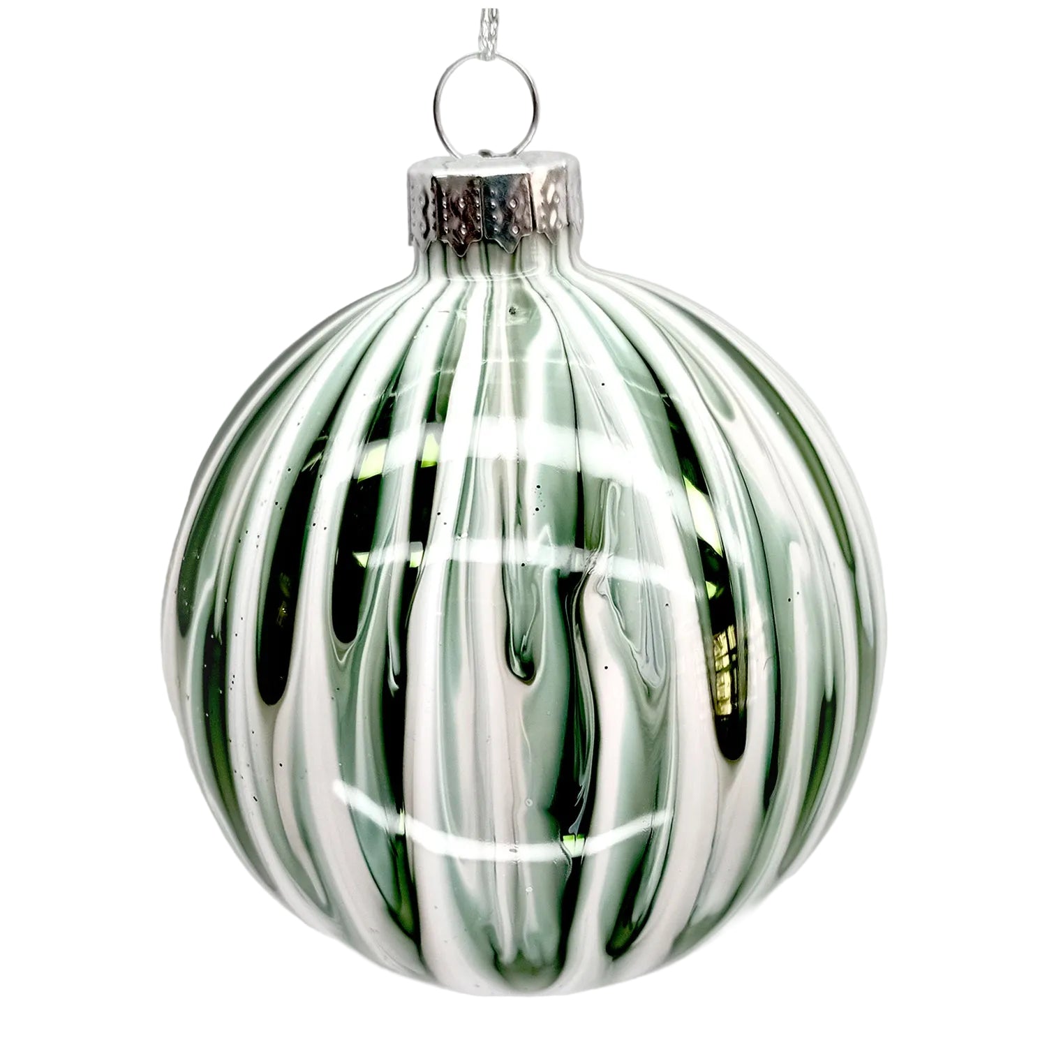 Green and White Shiny Marble Finish Glass Ball Ornament | Putti Christmas
