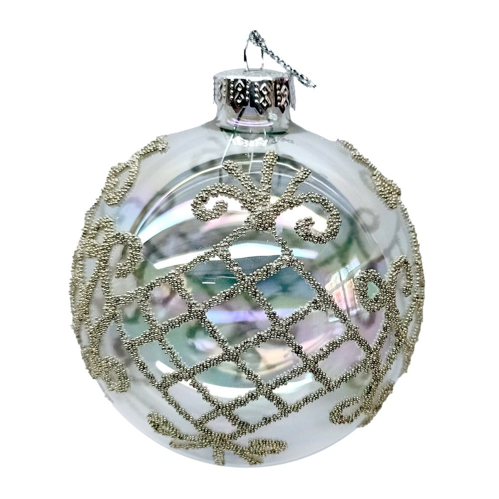Clear with Antique Silver Celtic Motif Glass Ball Ornament | Putti Christmas Decorations