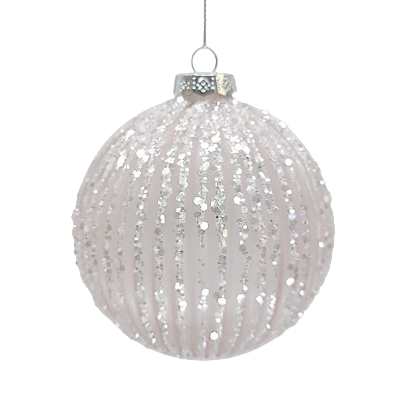 Pale Matte Pink with Ice Glitter Stripes Glass Ball Ornament