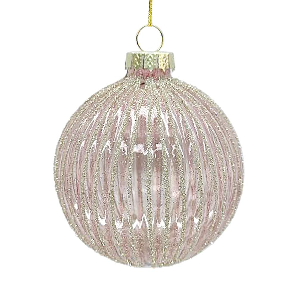 Clear Pink with Vertical Glitter Stripes Glass Ball Ornament  | Putti Christmas Decoration