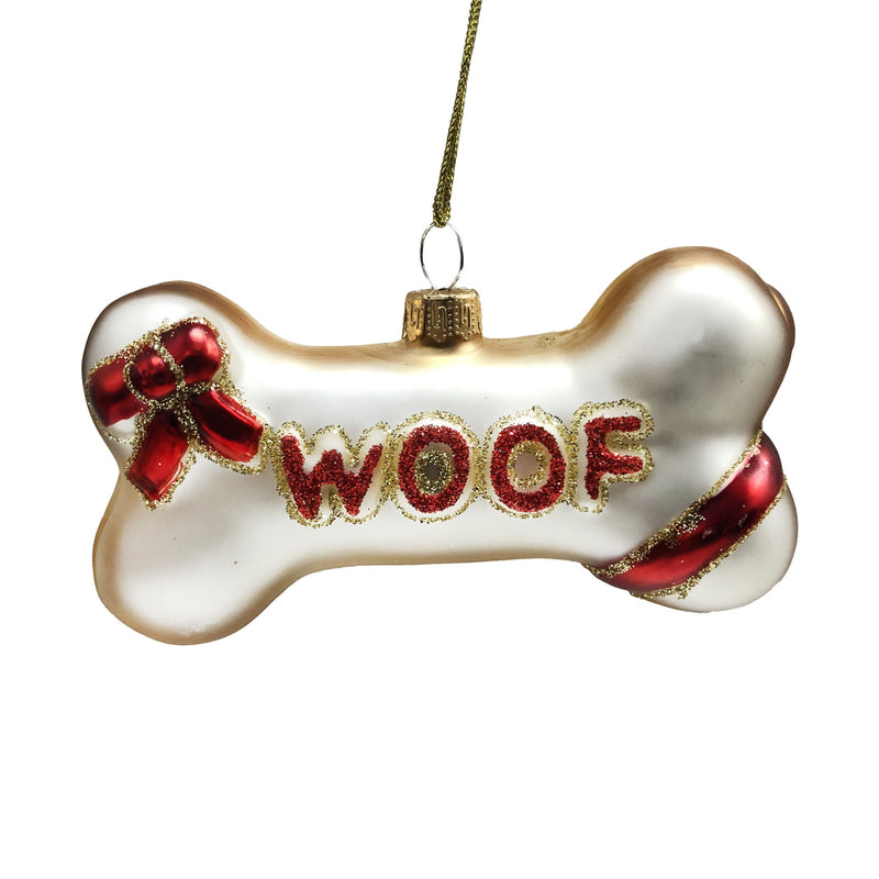 "Woof" Dog Bone Glass Ornament | Putti Christmas Decorations