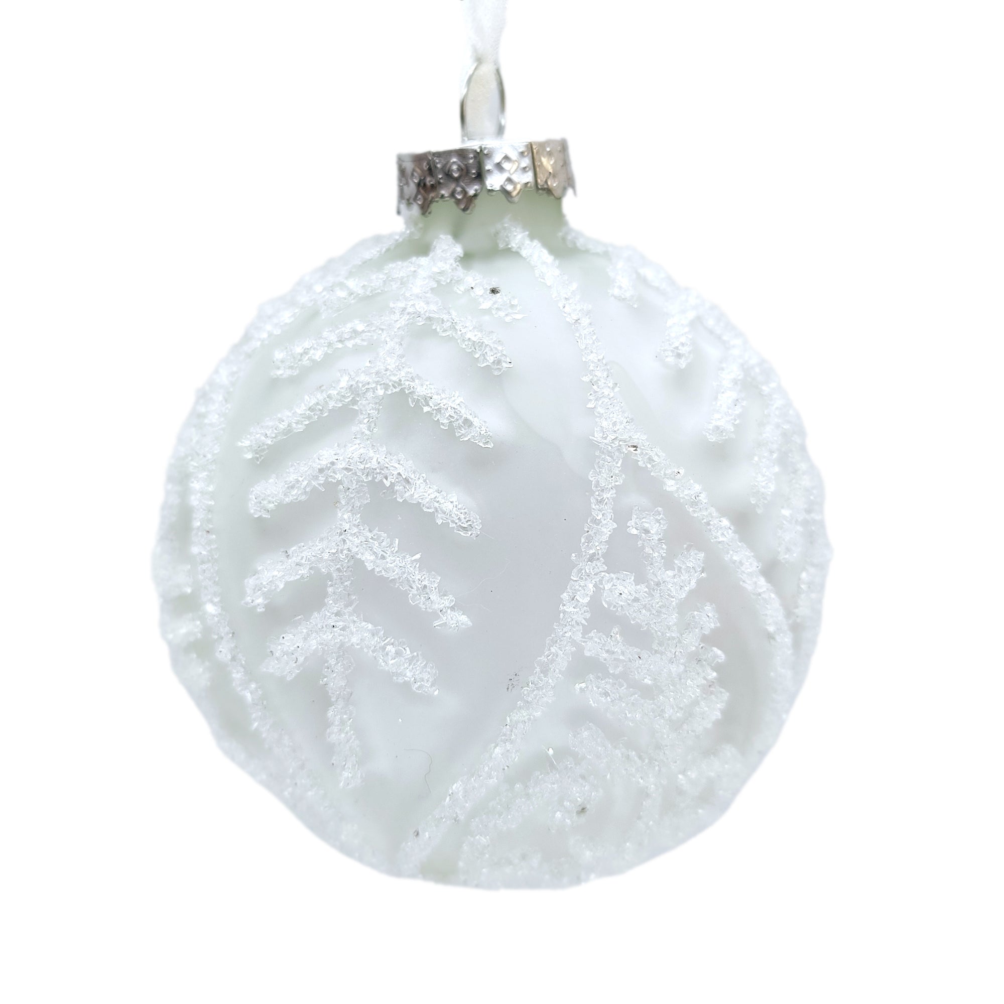 Frosted White with Leaf Glass Ball Ornament | Putti Christmas Decorations