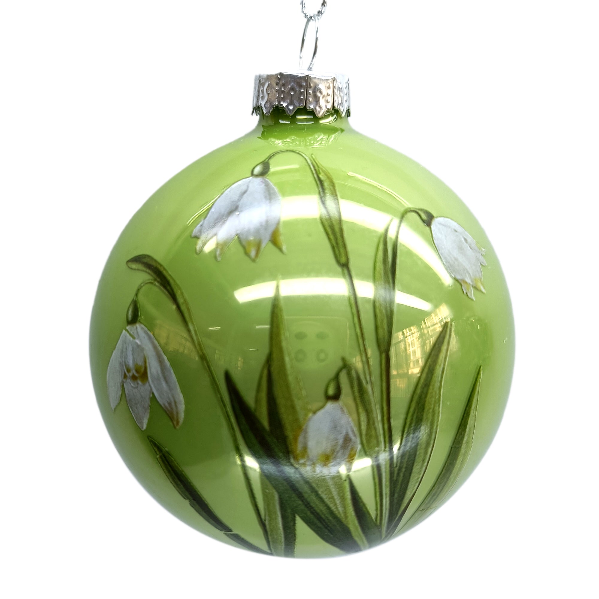 Shinny Green with Snowdrops Glass Ball  Ornament