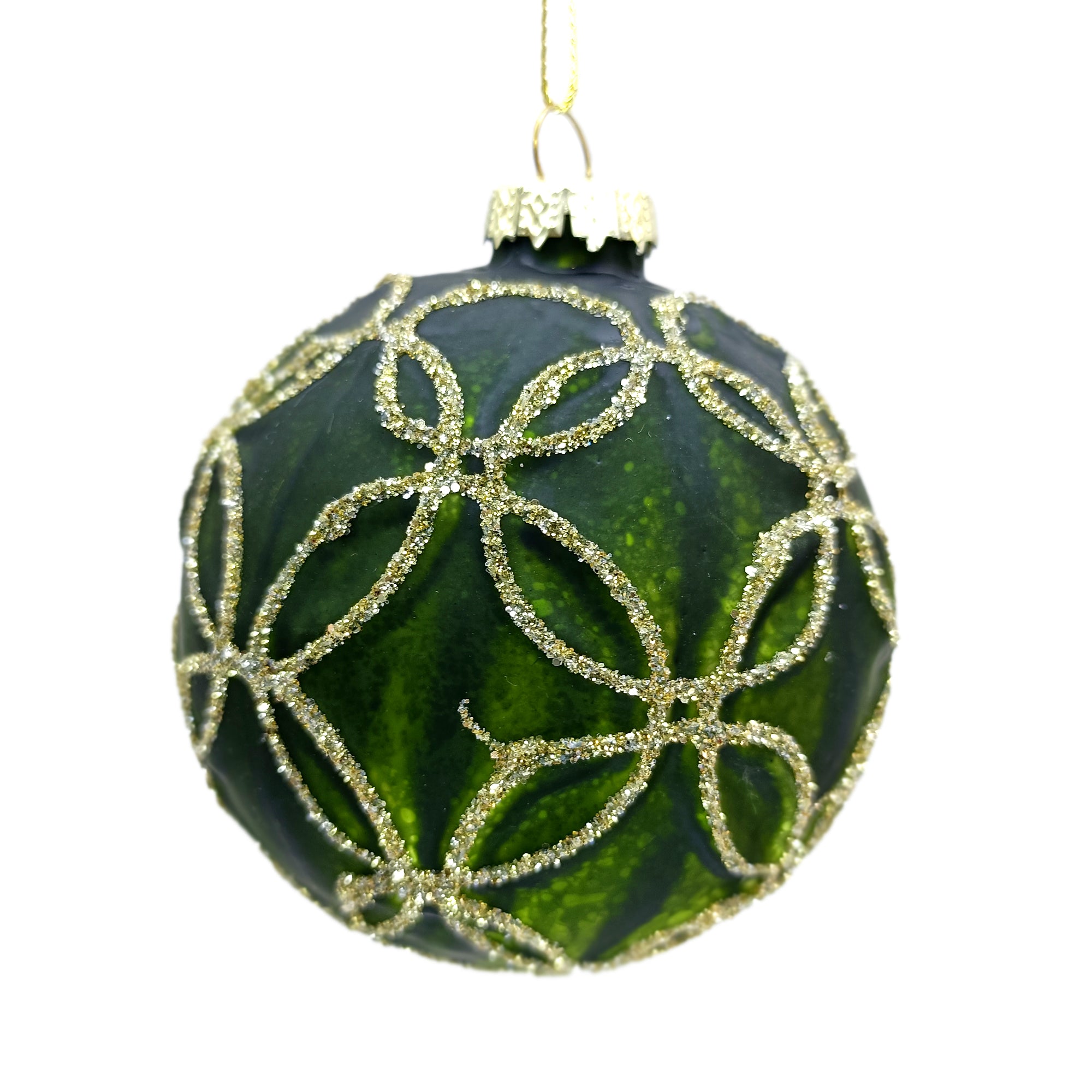 Antique Green Matte Floral Pattern with Glitter Glass Ball Ornament