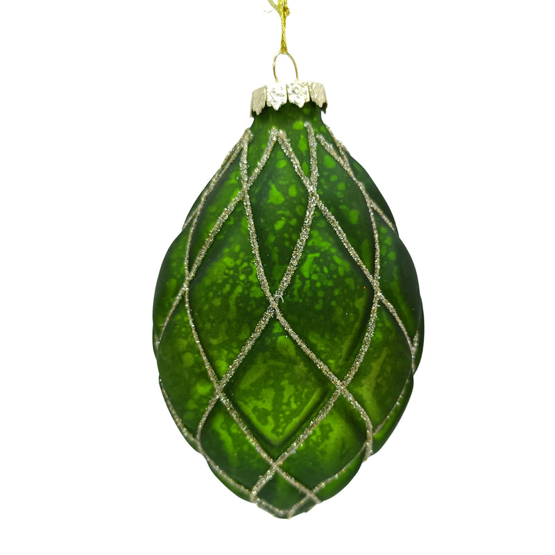 Antique Green with Gold Glitter Diamond Grid Glass Double Point Ornament