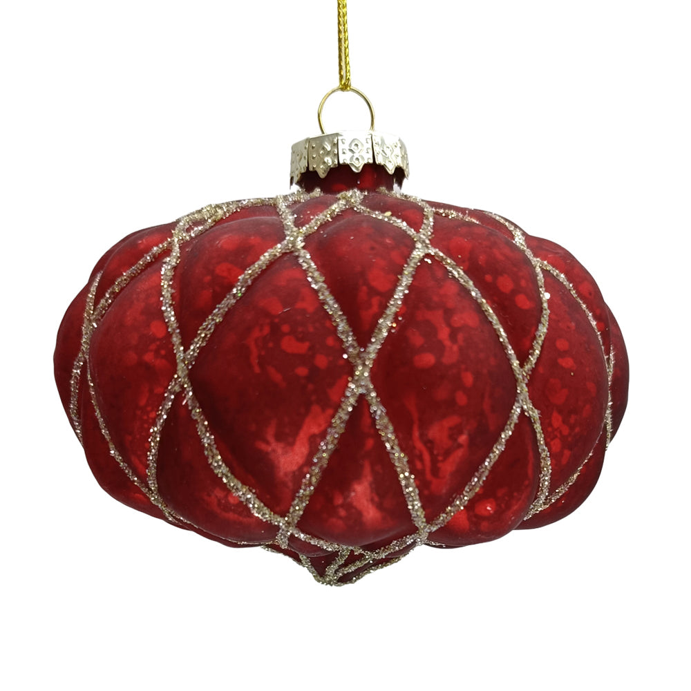 Antique Red with Gold Glitter Diamond Grid Glass Onion Ornament | Putti