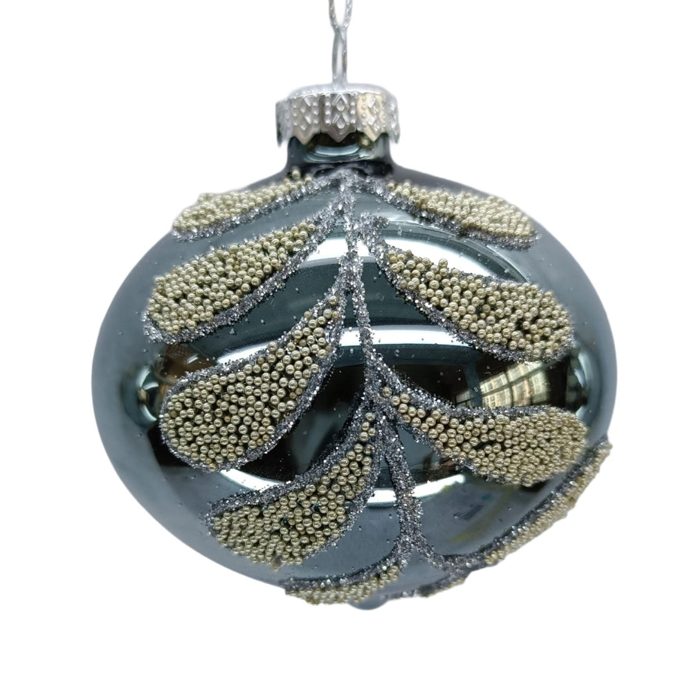 Blue with Champagne Glitter Leaves Glass Onion Ornament | Putti Christmas