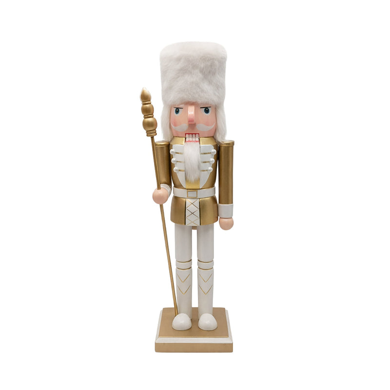 Gold & White Wooden Nutcracker Soldier with White Fur Hat | Putti Christmas