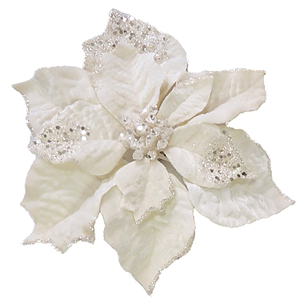 Cream Velvet Poinsettia Head with Cliip | Putti Christmas Decorations