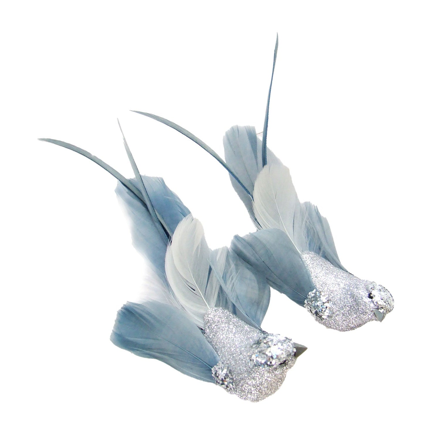 Silver Glitter with Blue Feather Bird with Clip