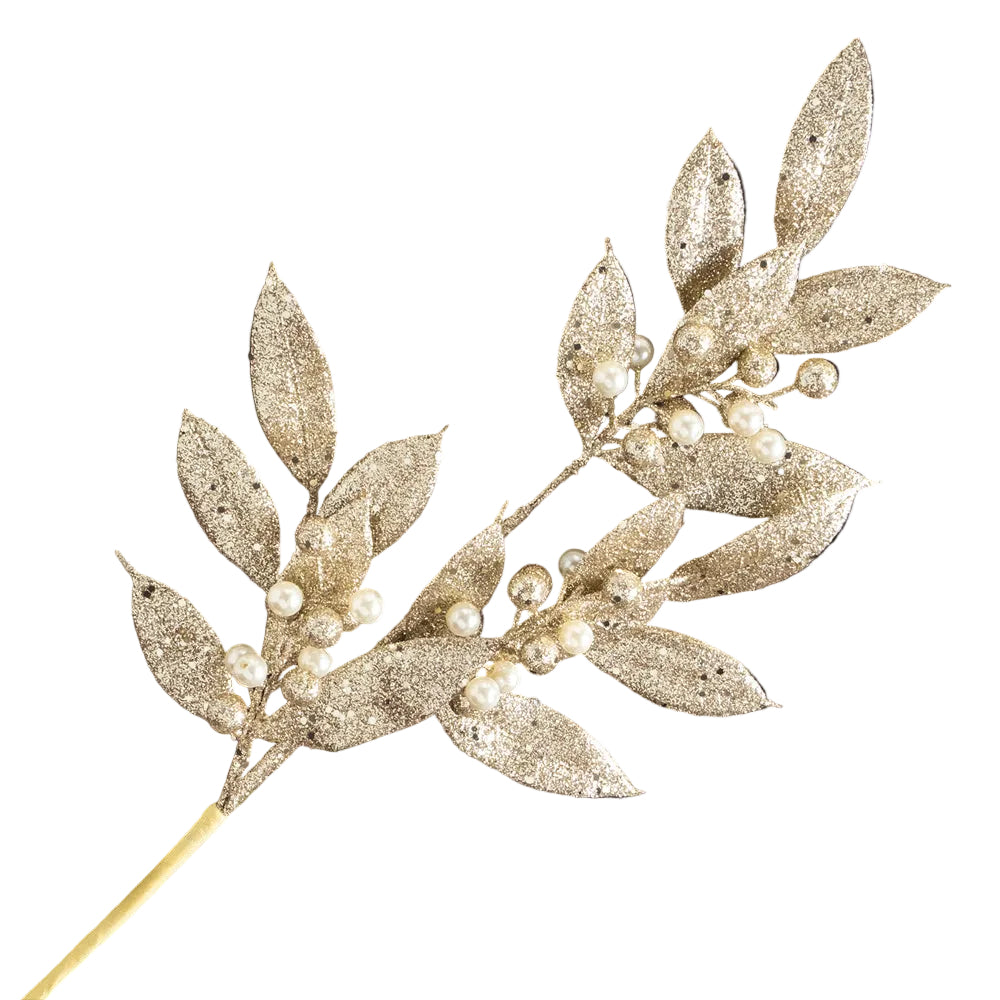 Champagne Glitter Pearl and Leaf Spray