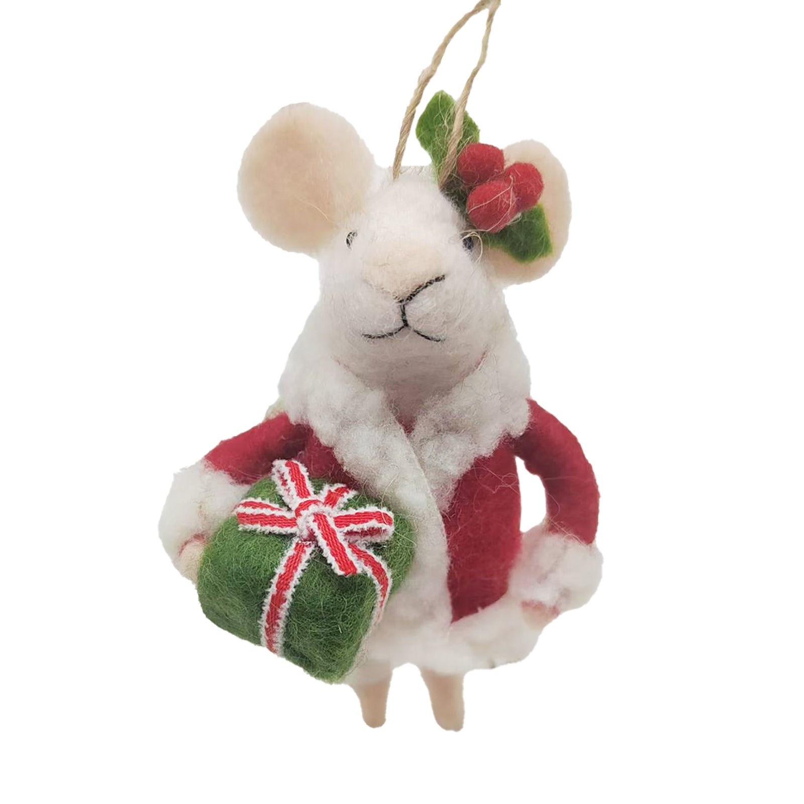 "Festive Frida" White Felt Mouse Ornament | Putti Christmas Decorations