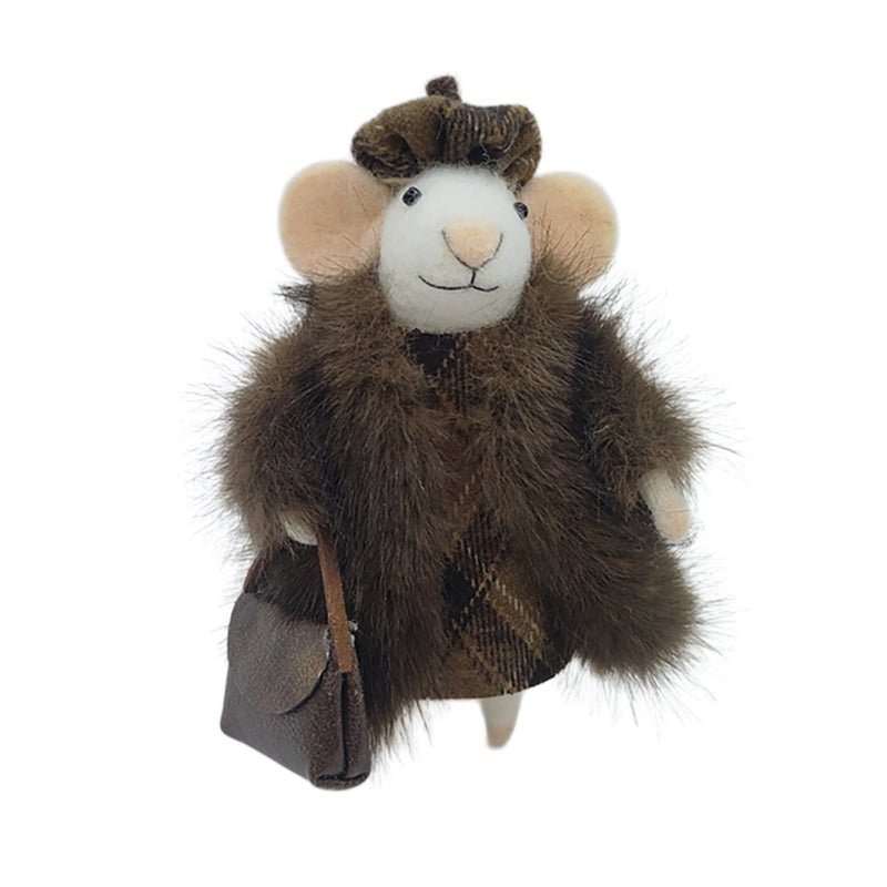Brown Coat Holding Handbag Wool Felt Mouse Ornament | Putti Decorations