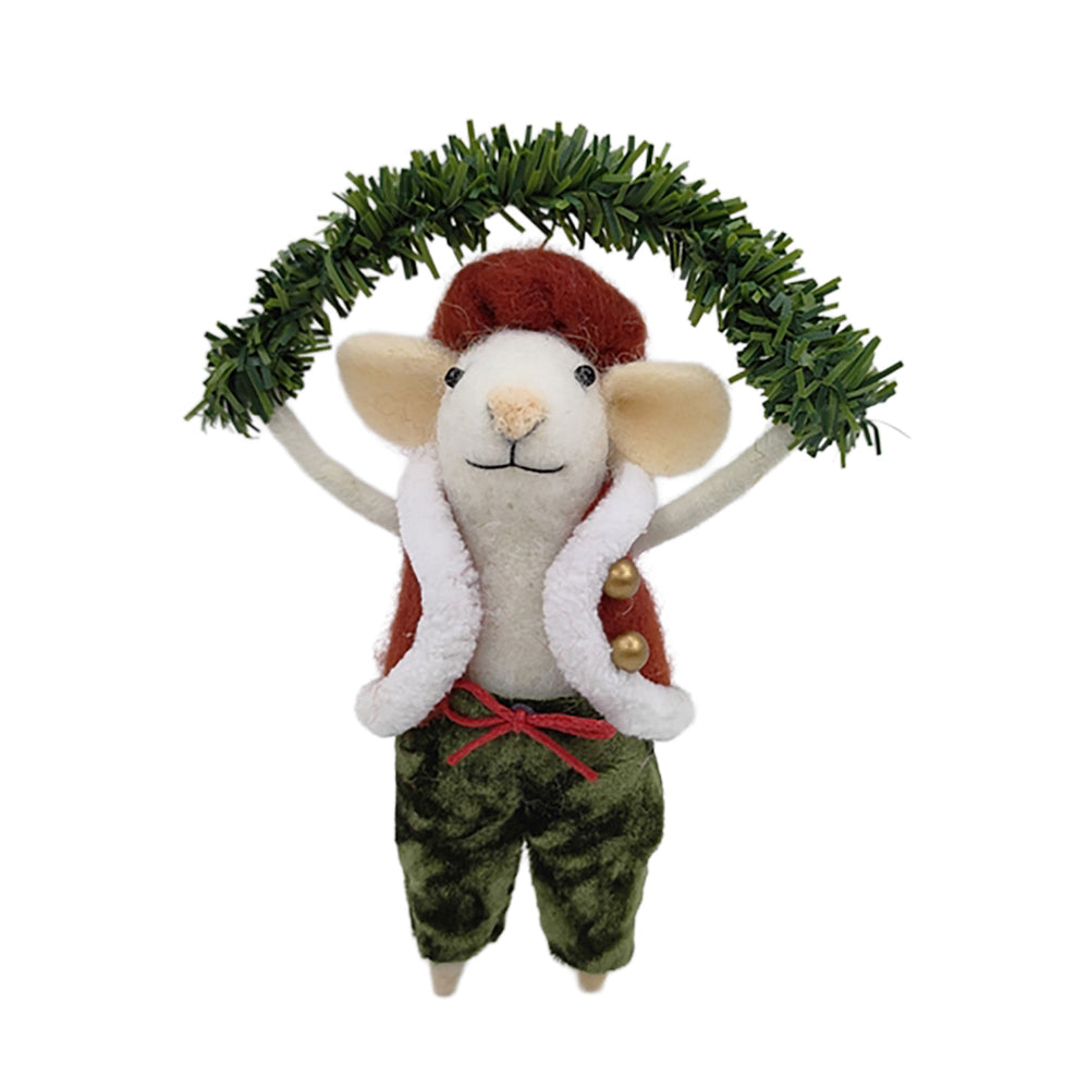 Green and Red Vest with Pine Garland Wool Felt Mouse Ornament | Putti