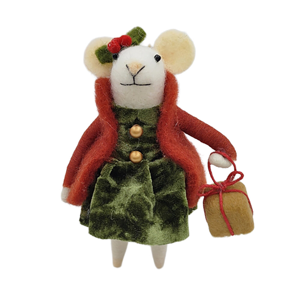Green and Red Outfit Holding Brown Gift Wool Felt Mouse Ornament | Putti