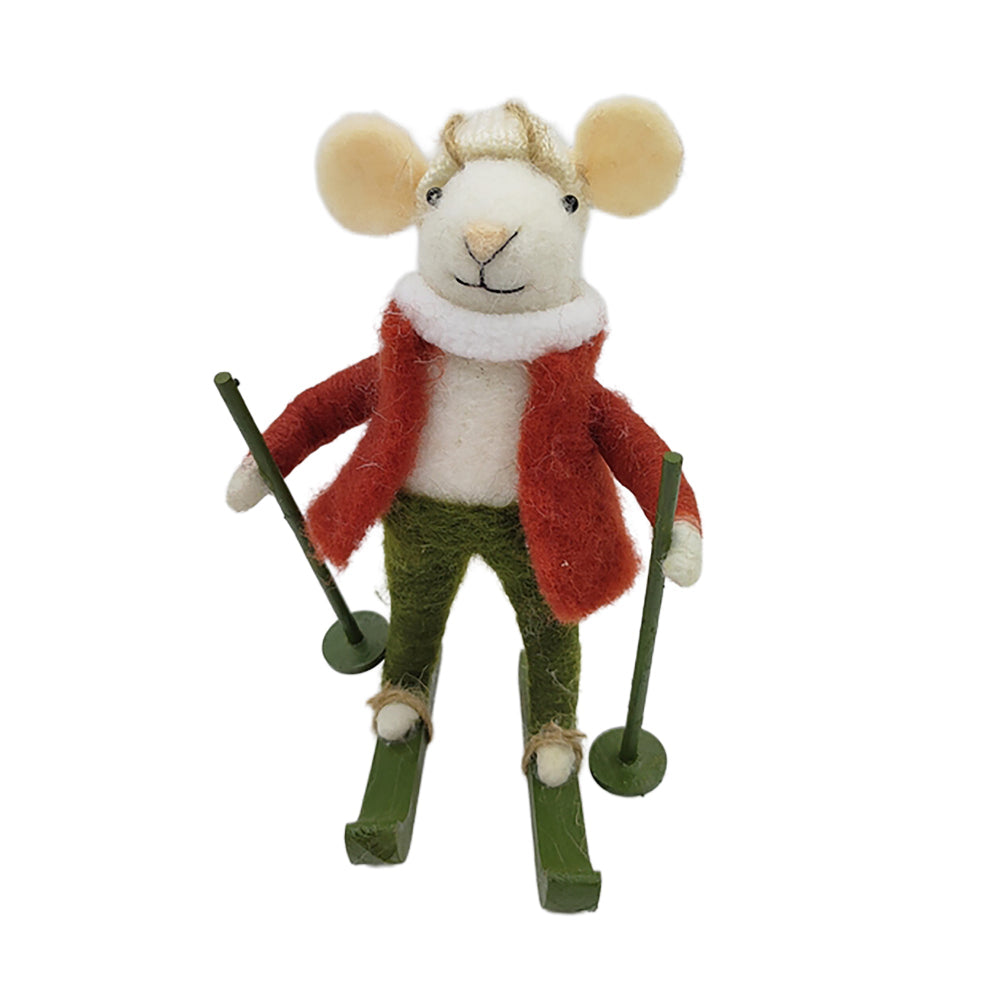 Red Coat Skiing with Brown Wooden Poles Wool Felt Mouse Ornament | Putti