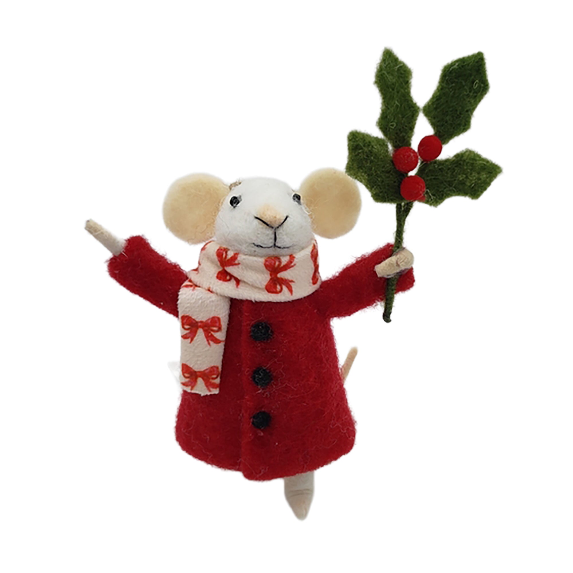Red Coat Holding Green Holly Leaf Wool Felt Mouse Ornament