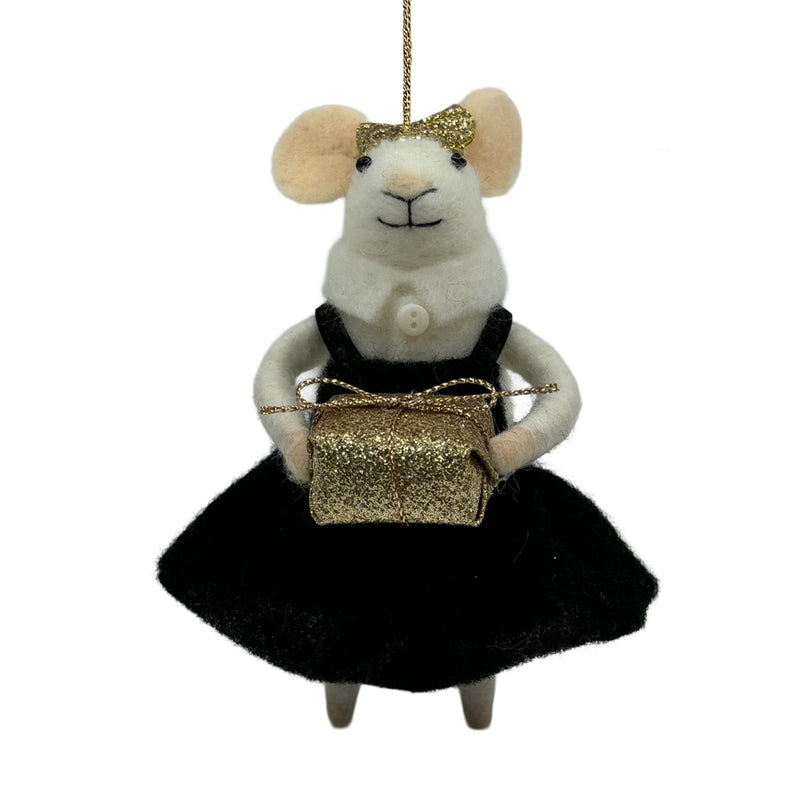Black Dress Holding Gold Gift Box Wool Felt Mouse Ornament
