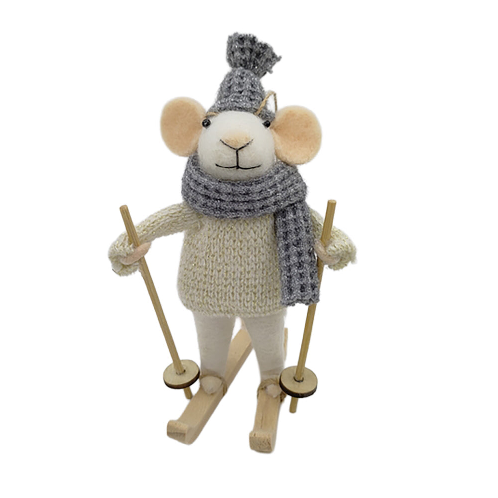 Grey Scarf Skiing with Brown Ski Poles Wool Felt Mouse Ornament | Putti
