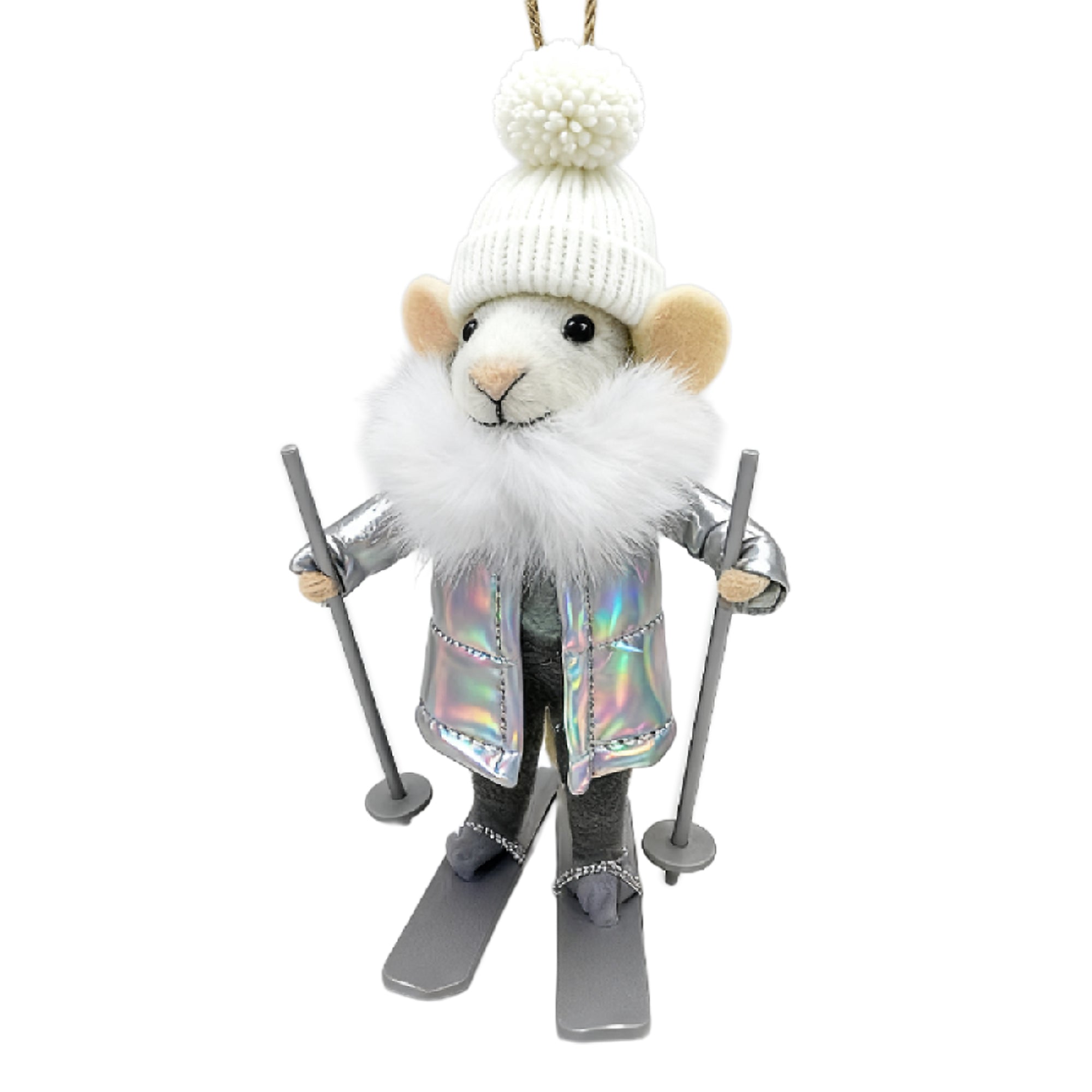 Grey and Silver Outfit Skiing with Ski Poles Wool Felt Mouse Ornament