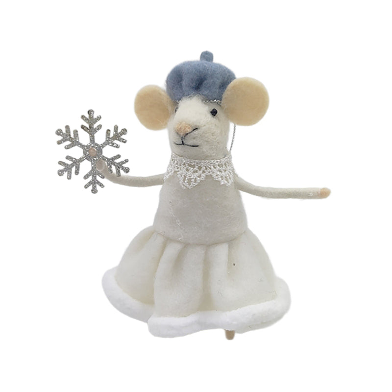 White Dress with Silver Snowflake Wool Felt Mouse Ornament