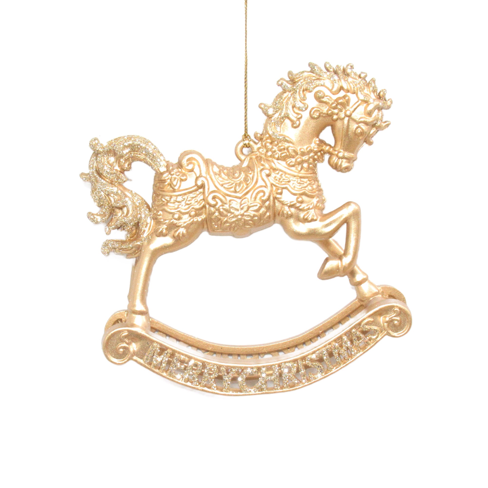 Gold Rocking Horse with Glitter Ornament  | Putti Christmas Decorations
