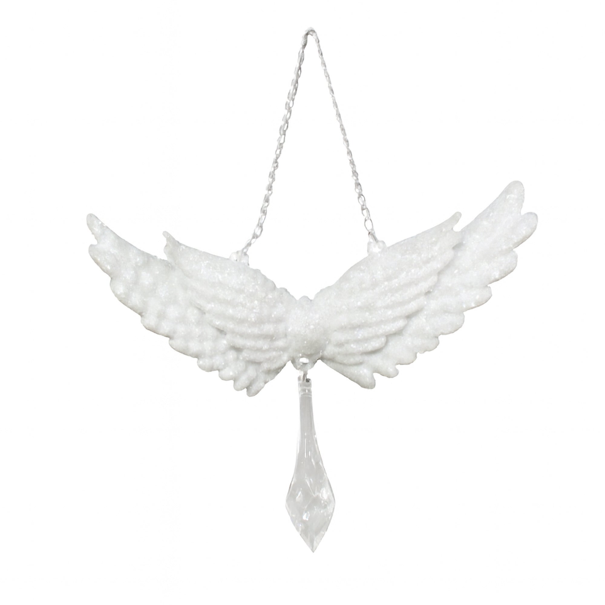 White Ice Glitter Angel Wings with Clear Drop Ornament