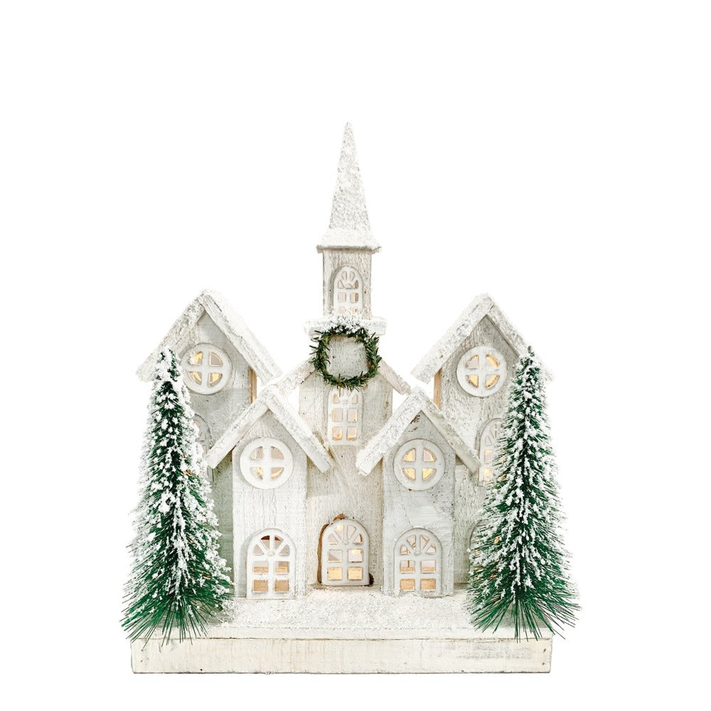 Wooden Village House with LED Snow and Trees