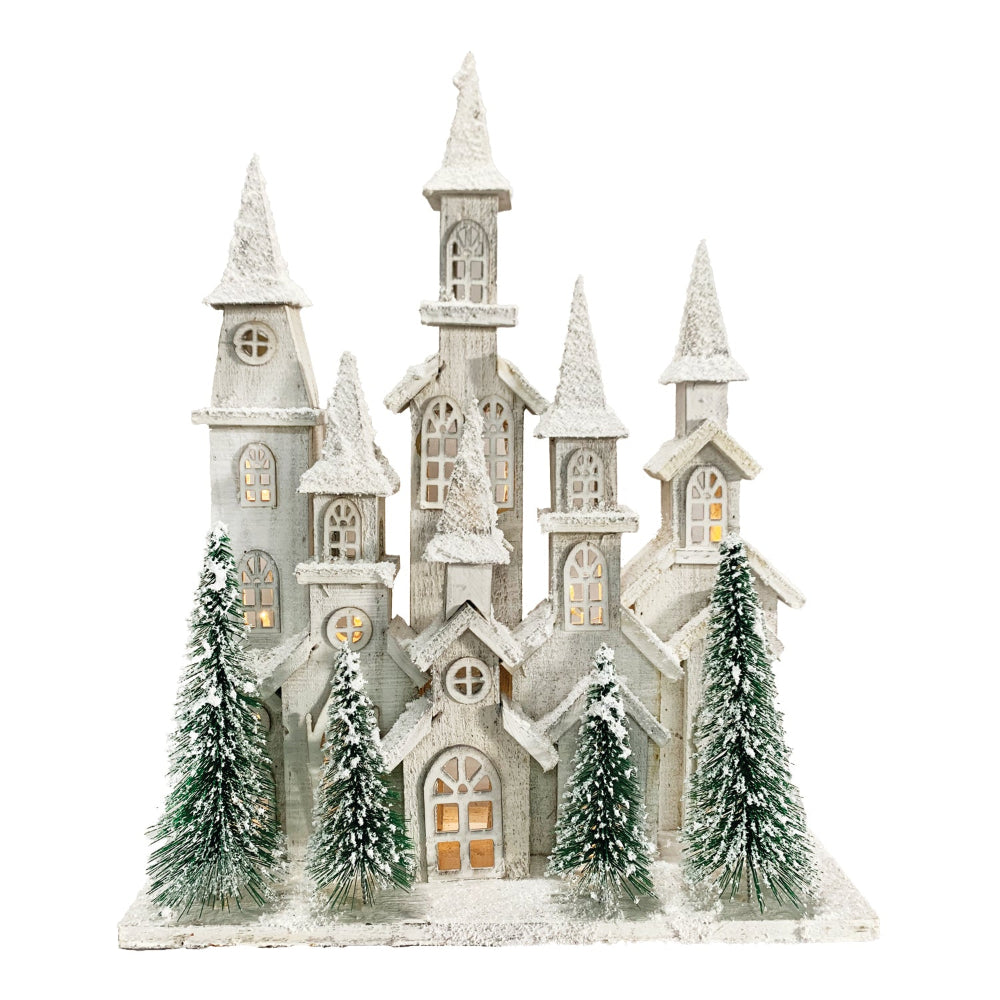 Large Wooden Village House with LED Snow and Trees | Putti Decorations